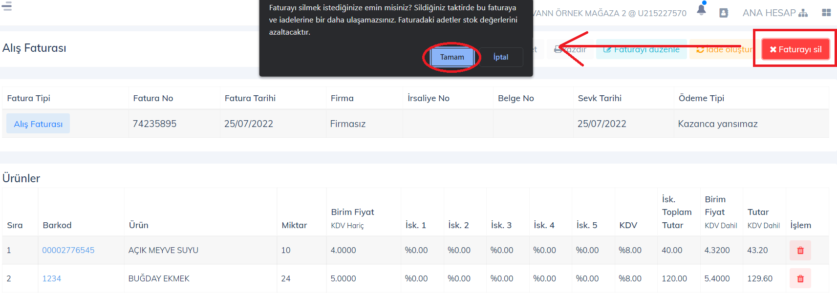 Web - Kaydedilen Alış Faturası Nasıl Silinir?