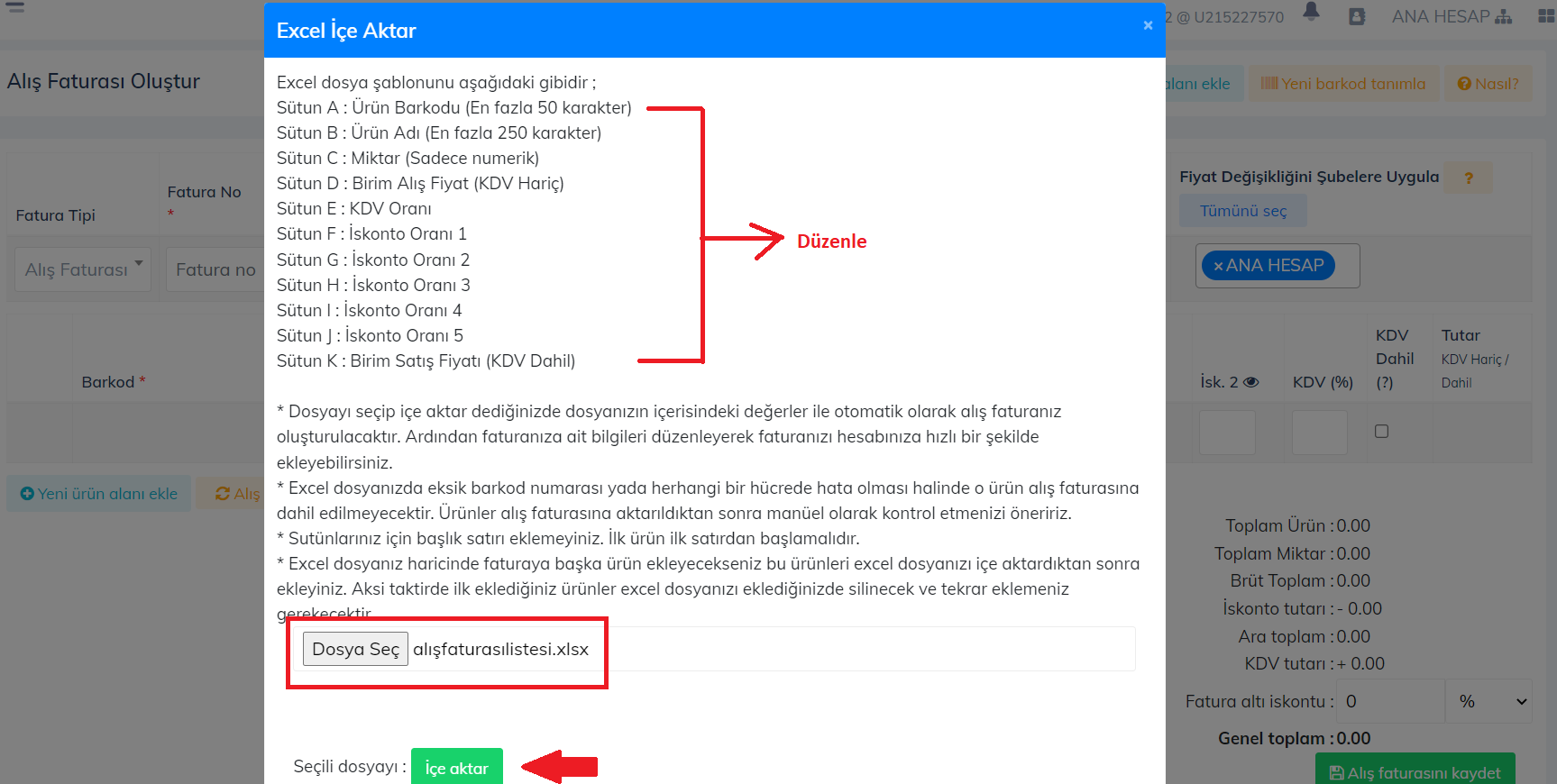 Web - Alış Faturasına Excel ile Ürün Nasıl Eklenir?