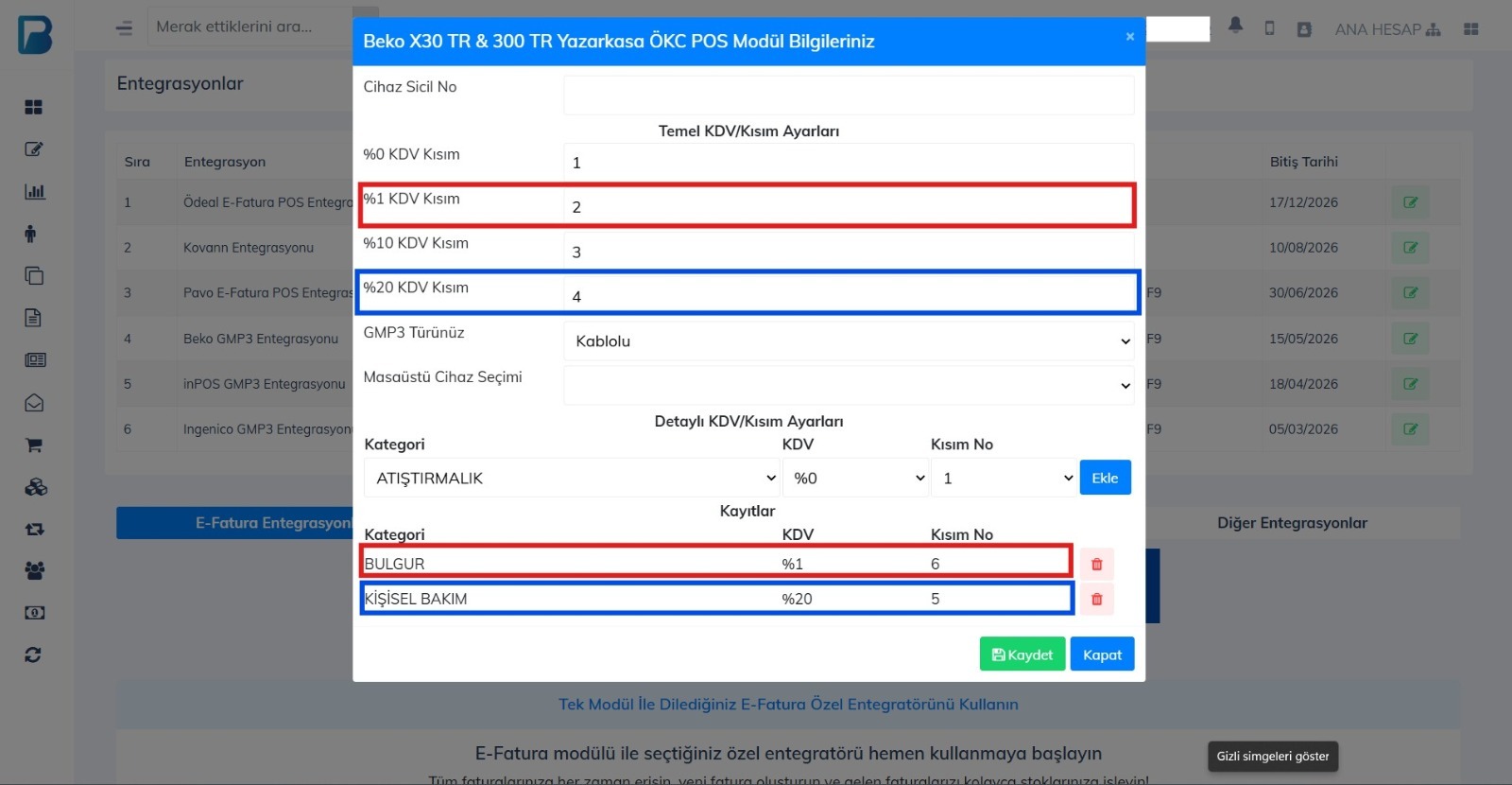 Entegrasyonlar - Yazarkasalar İçin KDV-KISIM Ayarlaması Nasıl Yapılır?